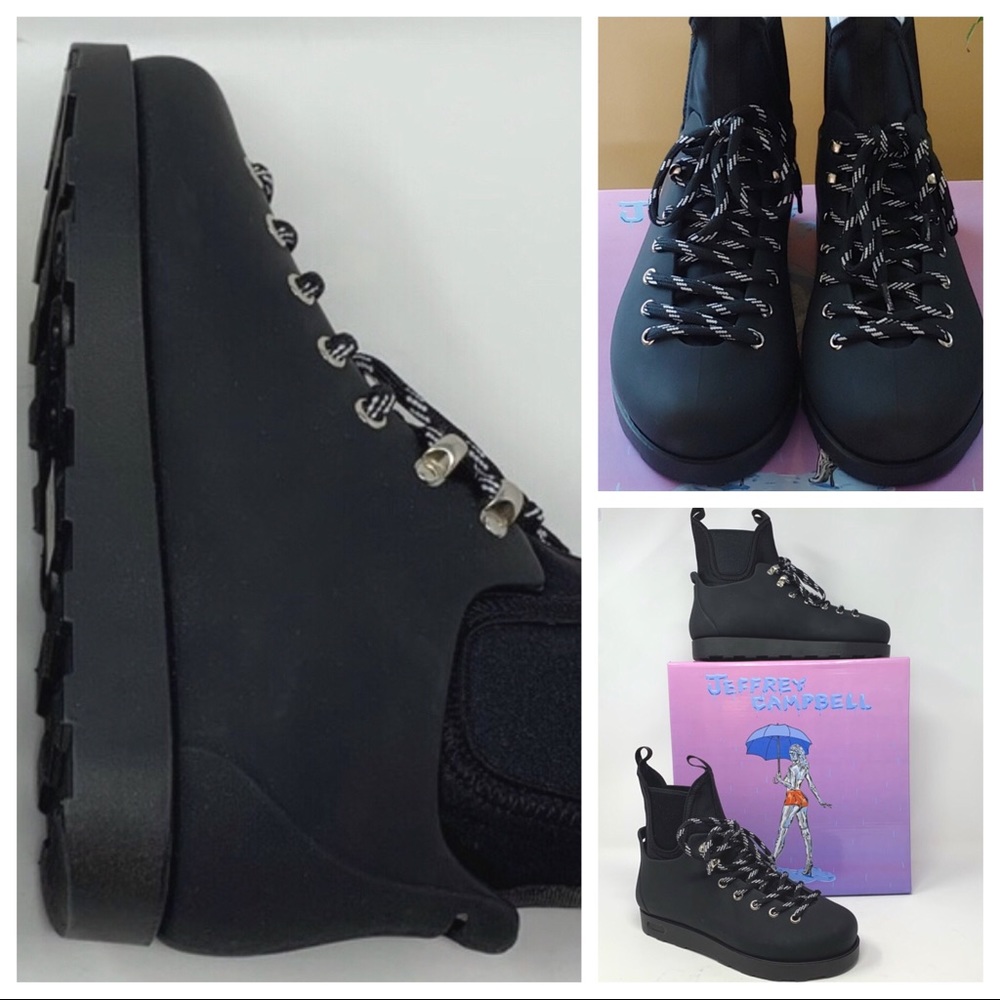JEFFREY CAMPBELL ANKLE BOOTS LACE UP WATERPROOF BLACK BOOTIES A2C - Picture 4 of 12
